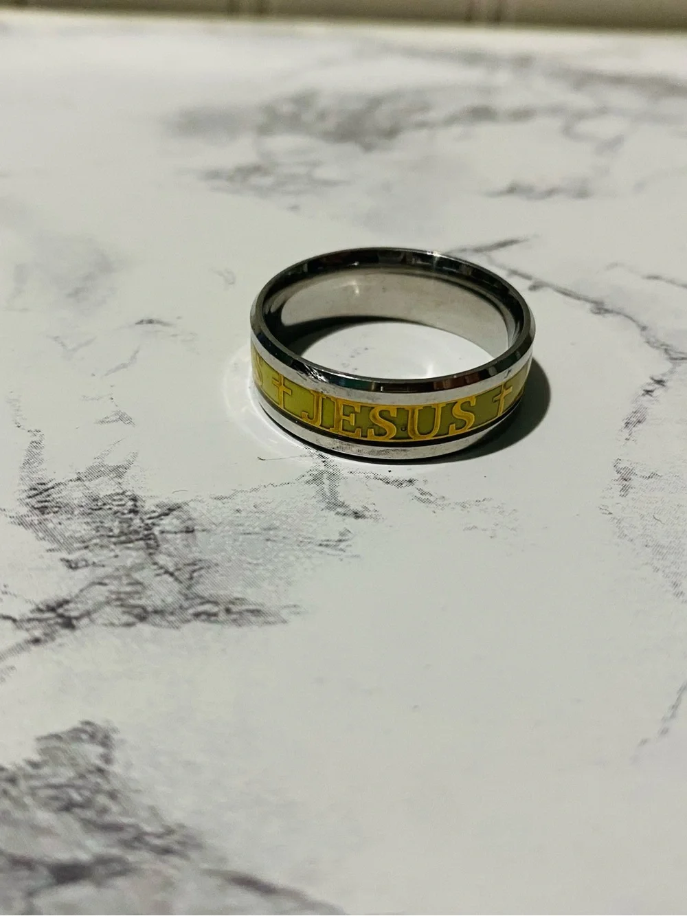 Yellow 'JESUS' Stainless Steel Men's Spinner Ring NWOT